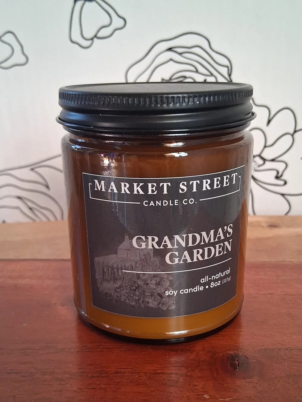 Market Street Grandma's Garden Soy Candle — Amber Glass with Black Lid 8oz